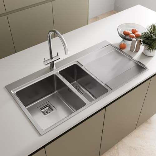 SÄUBER® 1000 x 520mm Stainless Steel Kitchen Sink 1.5 Bowl Inset Drop in Installation, Right Hand Drainer, 18/8 Grade Steel Sinks, Free Basket Strainer Waste