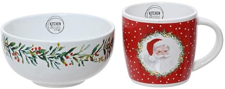 Kaemingk Frühstücksgeschirr Steingut - 2er Set Schüssel & Tasse mit Weihnachtsmotiv - Geschirr für Weihnachten - Weihnachtsgeschirr Schale & Becher - Frühstücksset Weiß Rot