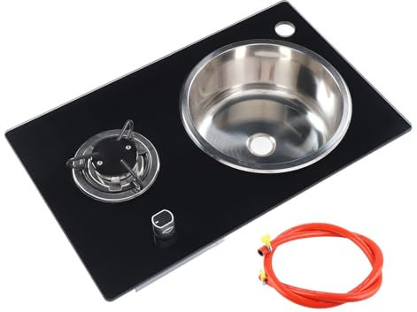 RV Gas Stove, Single Burner RV Gas Cooktop 1.8Kw 22.8 X 14.4in Tempered Glass Stove Top With 10.4in Round Stainless Steel Wash Basin for Boat Caravan