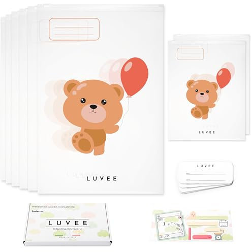 LUVEE 8 Bustine Corredino Neonato Ospedale UNISEX (Teddy 6 Grandi + 2 Piccole) con Etichette Adesive - 100% Made in Italy - Sacchetti Cambio Neonato Ospedale Riutilizzabili per Asilo e Viaggi
