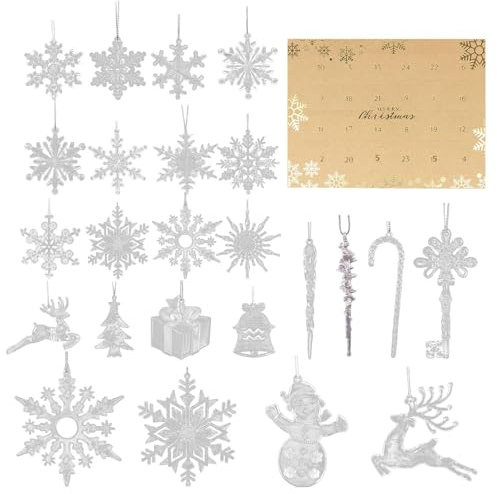Calendario 'Avvento per 24 giorni, con ciondolo a forma di fiocco di neve in acrilico, con ciondolo a forma di fiocco di neve, calendario per conto alla rovescia, 24 pezzi in acrilico trasparente