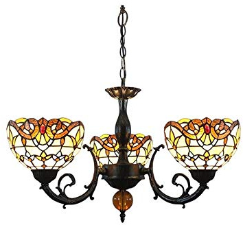 Lampadario in vetro colorato in stile Tiffany con paralumi barocchi, grande lampada a 3 bracci per soggiorno, sala da pranzo o bar, lampada a sospensione a soffitto invertita per elegante decorazione