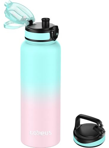 GOPPUS 1.2L/40oz Stainless Water Bottle Double Wall Insulated Bottles with Strap Large Vacuum Thermal Flask Leakproof Keep Cold Drinks Bottles with Flip Top Lid for Men Women BPA Free