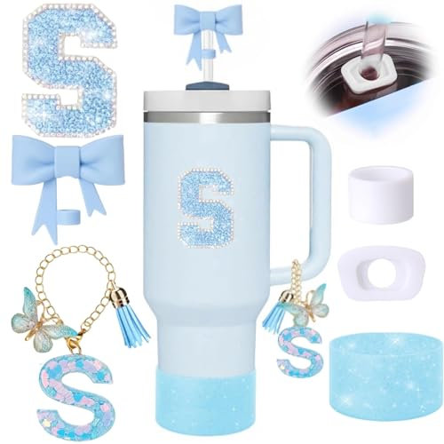 6pcs Blue Stanley Cup Accessories Set, Bow Straw Topper for Stanley Cup 30oz 40oz, Including Straw Topper and Sparkly Silicone Boot, Stoppers Spill Proof, Handle Charm, Initials Sticker