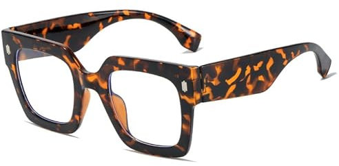 Long Keeper Quadratische Übergroße Blaulicht Filter Brille Damen Herren Computerbrille Anti Blaues Licht Brille (Leopard Klar)