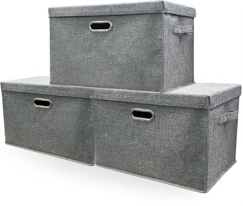 Storage Boxes with Lids Fabric, 3 38 L Collapsible Grey Large Stackable Cube Storage Box, Bedroom Foldable Wardrobe Shelves Organiser Decorative Baskets are used to Store Small Toys Keepsake Clothes