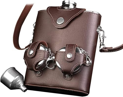 Portable Wine Pot， Liquor Flasks 18 oz Stainless Steel Brown Leather Premium Heavy Duty Hip Flask Set-Includes Funnel and Gift Box Outdoor Camping Whisky Hip Flask Portable Vodka Jug Pocket Flask