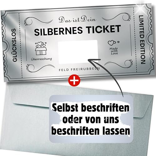 SILBERNES TICKET Gutschein mit Rubbelaufkleber - Rubbelkarte zum beschriften - Geschenke für Frauen, Geschenk für Freundin, Geburtstagskarte, Kinogutschein, Geburtstagsgeschenk, Reisegutschein