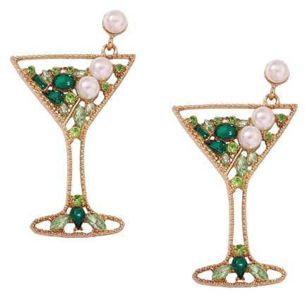 TenaLucy Boucles D'Oreilles en Verre À Vin Champagne,1 Paire Boucles D'Oreilles en Verre À Vin pour Femme Boucle D'Oreille Femme,Perles,Pierres Précieuses,Bijoux Cadeaux,Bijoux Alliage Femme (Vert)
