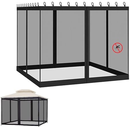 Ersatz Moskitonetz für Pavillon, Schwarz Outdoor 4 Seitenteile Fliegengitter Insektenschutz Gazebo Netting Stabil Pergola Mückenschutz mit Haken und Reißverschluss (Black, 360 x 360 cm)