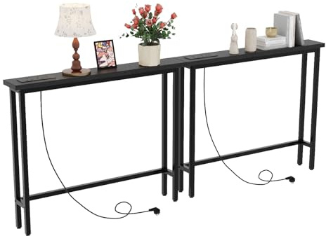 Bonnlo 2-Pack Console Table for Hallway Slim, Narrow Sofa Table w/Outlets | Behind Couch Table with Charging Station, USB Ports and 150cm Power cord, for Entryway, Corridor ,100x15x79cm (Black)
