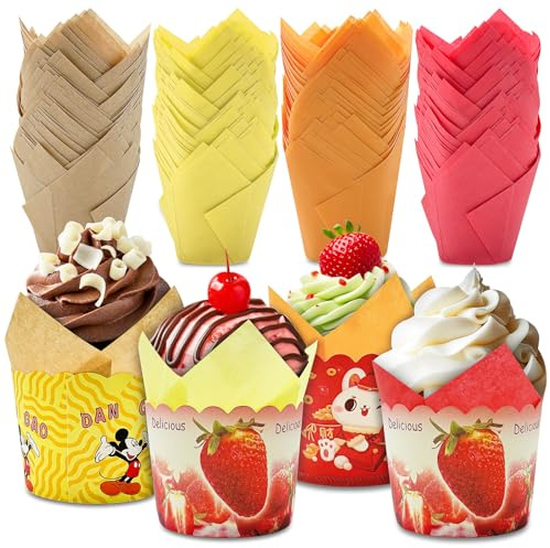 Leyrens 200 stück muffinförmchen papier, tulpe muffins papierförmchen, cupcake backbecher, cupcake wrapper papier kuchen, antihaft und fettdichte, für hochzeit geburtstag feiern und party
