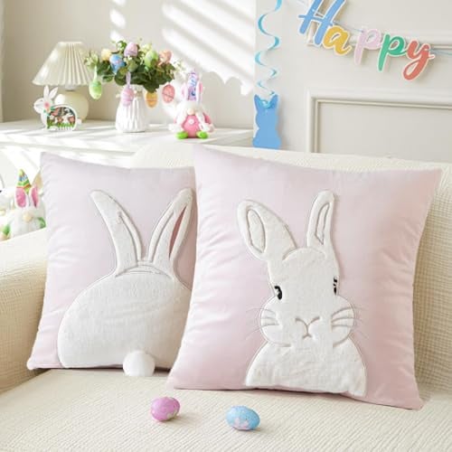 Osterdeko Kissenbezug Ostern Deko Hase Kissenhülle Frühling 45x45cm 2er Set, Osterkissen Samt Zierkissenbezug mit Schwanz, Hase Deko Kissenbezüge Kissen Ostern Frühling Deko Innen Für Couch (Rosa)