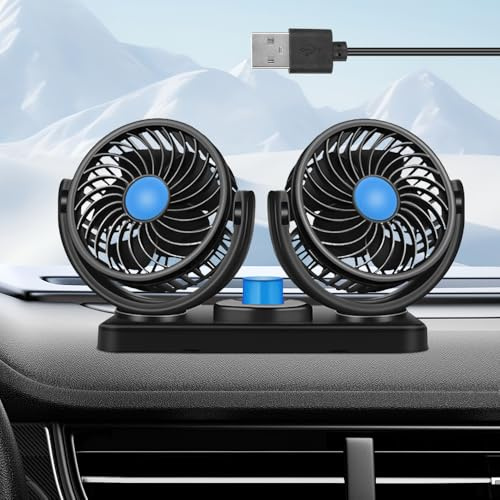Hojalis Auto Ventilator, Doppelkopf Ventilator Auto mit 2 Geschwindigkeiten, 360° Drehbarer Leise, Tragbarer Autolüfter, Universal Usb Ventilator Auto, 5V USB Doppelkopf Autolüfter für LKWs, Boote