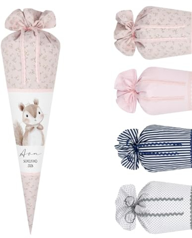 Personalisierte Schultüte aus Stoff mit Name | Handgenähtes Set inkl. Rohling | 8 Motive | 70cm & 35cm | Waschbar & zum Kissen wandelbar | Einschulung (Eichhörnchen, Rosa geblümt)