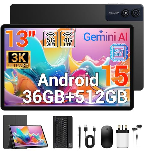 Tablet 13 Inch, 3K Dsiplay, 36GB RAM 512GB ROM/TF 1TB, Octa-Core Gaming Tablets, 4G LTE Dual SIM+5G WiFi, Widevine L1, Android 15, Metal Body, GPS/11580mAh/13MP/OTG, with Keyboard/Mouse/Case/Pen
