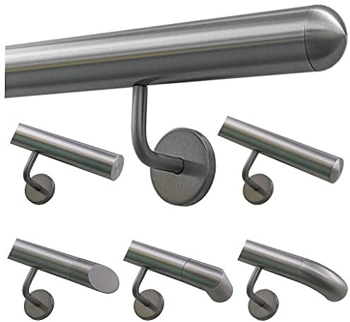 TIBU Handlauf Geländer Edelstahl Ø 42,4 mm - Länge 160 cm - Ende halbrunde Kappe und gewinkelte Halter - Rostfrei für Außen und Innen