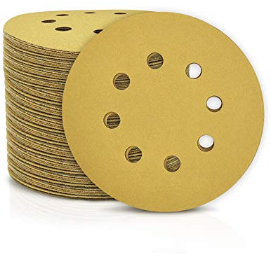 SPEEDWOX 100 discos de lija de 125 mm con 8 agujeros sin polvo con gancho y papel de lija para lijadora orbital al al azar, Grano 220, discos de acabado amarillo para carpintería automotriz