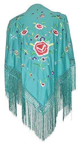 La Senorita Spanischer Manton Tuch Schal meergrün bestickt. Flamenco-Tücher für das Fair-, Sevillana- oder Flamenco-Kleid. [160 x 80 cm] Ideale Größe für alle Altersgruppen [Mädchen & Frauen]