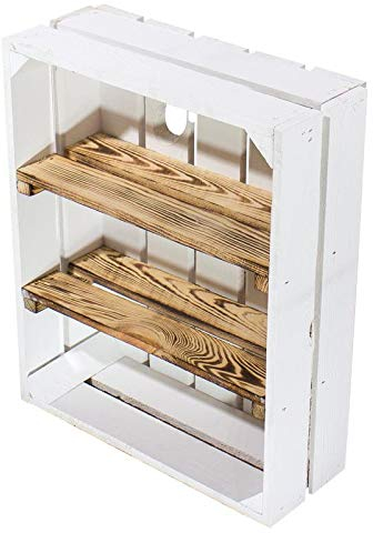 Vintage Möbel 24 GmbH 4 weiße Kisten flach mit 2 geflammten/flambierten Mittelbrettern 50cmx40cmx16cm Gewürzregal Ablage Obstkiste Weinkiste Wandregal Holzkiste Regalkiste Box Regal