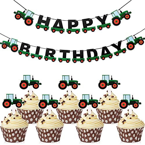 Farm Green Tractor Theme Party-Dekorationen, Enthält Green Tractor Happy Birthday Banner und 28 Stück Green Tractor Cupcake Toppers Tractor Cupcake Picks für Babyparty Farm Themenpartys Lieferungen