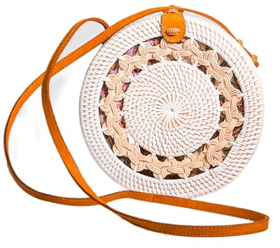 Pro@Home43® Sac en Rattan élégant fabriqué à Bali | Sac de plage rond pour femmes, Sac à bandoulière, Sac d'épaule à la mode | Sac d'été classique en paille livré dans une boîte cadeau