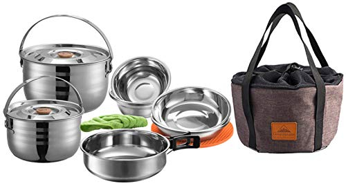 CAMPINGMOON 13PCS Camping Cookware Set Stainless Steel Outdoor Nesting Cooking Mess Kit Pots Pans Bowls with Storage Carrying Tote Bag MC210