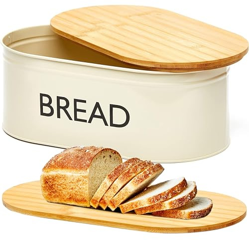 RoyalHouse Premium Metal Bread Box with Bamboo Lid, Stainless Steel Large Bread Bin Storage Container And Organizer for Kitchen Countertop, Vintage Style Kitchen Decor