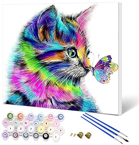 Fuumuui Peinture par Numéros Adultes et Enfants Débutants avec Cadre Comprend Pinceaux et Peintures Acryliques 40 x 50 cm - Animaux, Chat et Papillon