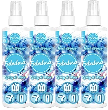 Fabulosa Antibacterial Spray and Wear, Dry Clothes Disinfectant Fabric Freshener Spray, 250ml, 4 Pack, Fresh Breeze, packaging may vary