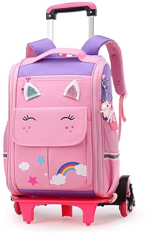 Tanou Zaino Scuola Elementare Trolley, 14 Pollici Zaini Trolley con 6 Ruote per Bambina, Zaino con Rotelle Elementari Staccabile per Scuola Viaggi, 4-9 Anni, Rosa Viola