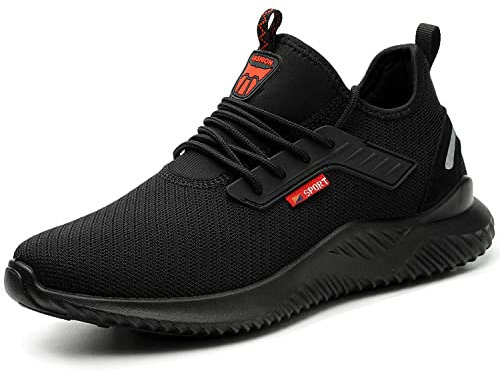 Black Safety Trainers Mens Womens Steel Toe Cap Safety Shoes Lightweight Safety Work Trainers Work Boots Non-Slip Puncture Proof Black UK 6
