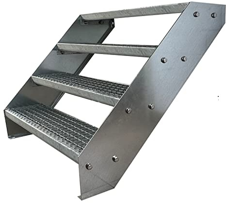 Kaminbau Mierzwa Premium Stahl Treppe Verzinkt 4 Stufen (Breite 140 cm) (Höhe 76 cm) Wetterfest Gitterroststufe Gartentreppe