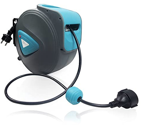 Aufun Kabelaufroller Automatischer 20m Kabeltrommel Aufroller mti Überlastschutzthermostat,180°drehbar Wandhalterung, (20m,blau + grau)