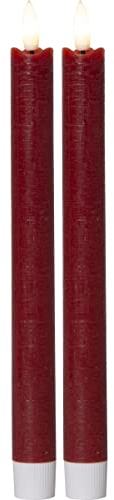 MARELIDA LED Stabkerzen Tafelkerzen Dinnerkerzen Rustik-Optik Echtwachs flackernde 3D Flamme Timer 2er Set (25cm, rot)