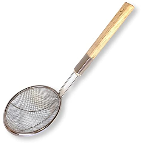 Blissify Colador de alimentos de acero inoxidable con mango de madera para té, café, jugo, coladores y tamices de acero, sin bordes afilados y colador de marco reforzado (paquete de 1, 1 x 16 cm)