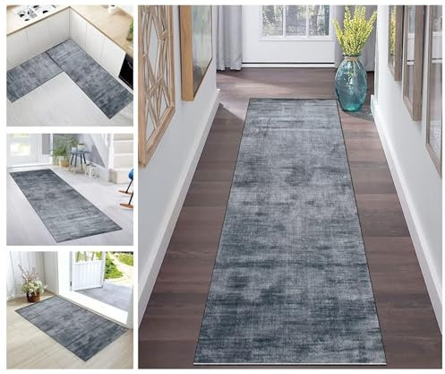 Korridor Teppich Flur Läufer Teppich Läufer Flur rutschfest Grau Blau Korridor Küchenteppich Waschbar Meterware Teppichläufer Lang for Corridor Schlafzimmer Wohnzimmer Polyester Meterware Anpassbar