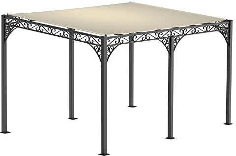 ELEO Pergola Sardegna schwarz mit Sonnensegel - eckig 3x4 m Anstellpergola für draußen handgeschmiedet Schmiedeeisen dekorativ - Pavillon für den Garten Metall stabil rostfrei - mit Sonnenschutz Dach