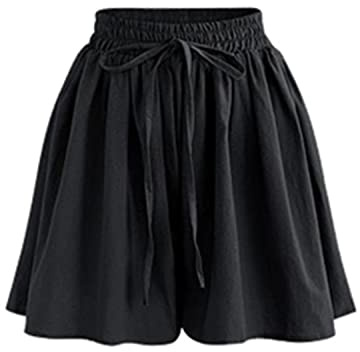 Damen Sommer Casual Lose Plissee Shorts Kordelzug Elastische Taille Weites Bein Culottes Shorts, Schwarz , 40