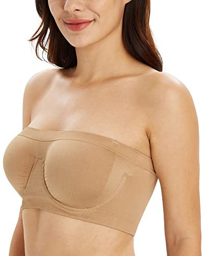 DotVol Women's Underwire Strapless Non Padded Multiway Bras Stretchy Tube Top Bandeau Bra(Beige,S)