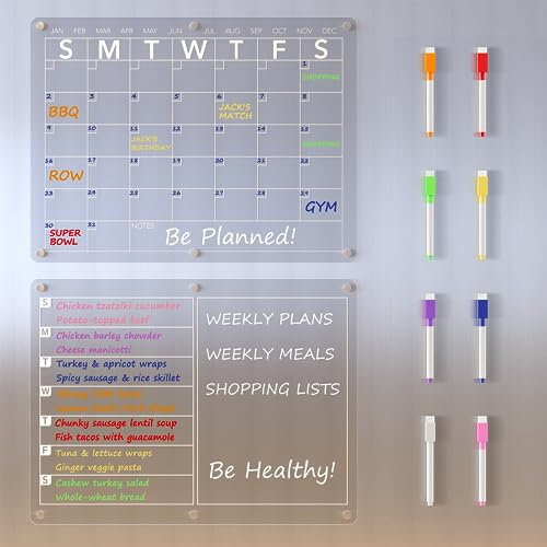 Neatsure Acrylic Magnetic Dry Erase Board Calendar for Fridge, Clear Monthly and Weekly Meal Planner Whiteboard Refrigerator, Menu Board for Kitchen, w/ 8 Colors Markers, 15x11