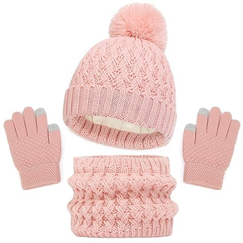 Baynetin Kinder Wintermütze Schal Handschuhe Set, 3 Stück Mädchen Warme Pompom Beanie Hut Touchscreen Handschuhe Runder Schal Set mit Fleece Gefüttert für Jungen Mädchen 2-8 Jahre