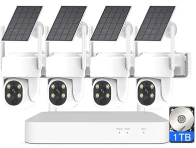 AKAVIG 4MP Wireless Solar Power Security Camera System, 4 Channel HD CCTV Home Solar WiFi Surveillance Camera Kit with Two-Way Audio, with 1T Hard Drive