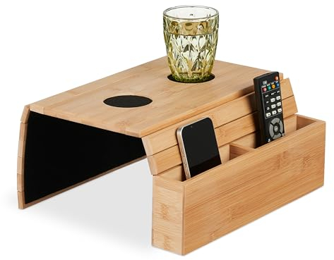 Relaxdays Bandeja Reposabrazos 2 Posavasos y 2 Compartimentos, Bambú, 5,5 x 50 x 33,5 cm, Tableta de Sofá, Natural/Negro, Poliéster