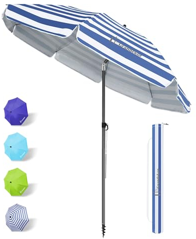 Grandekor Sonnenschirm Ø 160 cm Balkon Strandschirm Gartenschirm Marktschirm, Terrassenschirm mit Bodenhülse & Drehstange & Schutzhülle, Blaue und weiße Streifen Rund Sonnenschutz UV50+