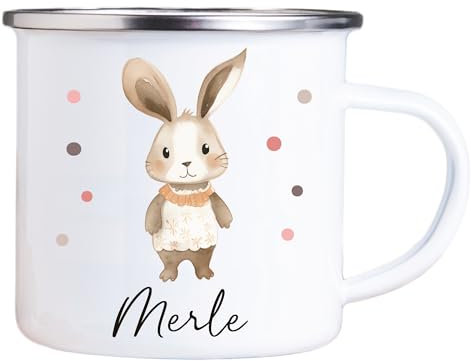 4youDesign Emaille Tasse Kinder personalisiert – Punkte Hase – Tier Namenstasse – Geschenk für Jungen & Mädchen – Bruchsicher & Leicht – Geschenkidee zur Einschulung & Geburtstag - 300ml