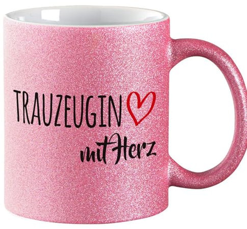 Huuraa Glitzer Kaffeebecher Trauzeugin mit Herz Geschenk 330ml Pink Trauzeugin Mitbringsel