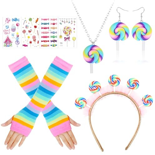 HOWAF Lollipop Kostüm, Lollipop Haarreif Haarschmuck, Fingerlose Handschuhe, Lollipop Ohrringe, Halskette, Tattoos für Bonbon Kostüm, Candy Kostüm, Halloween Kostüm, Fasching Kostüm, Karneval Kostüm