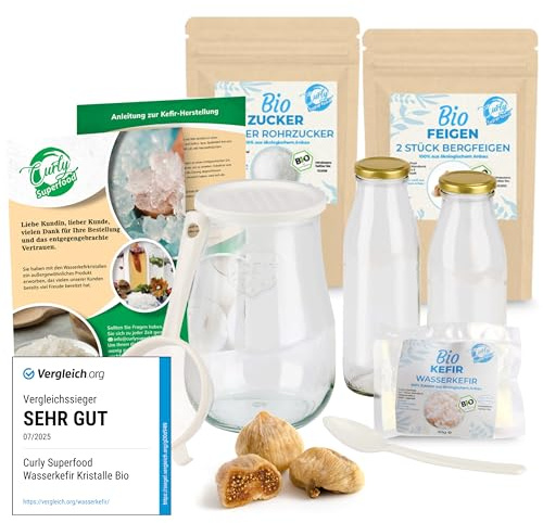 Curly Superfood Bio Wasserkefir Starterset - Besonders einfach frisch herstellen (unendlich viel) - Wasserkefir Kristalle Bio inkl. Zubehör, Erfolgsgarantie & ausführlicher Anleitung