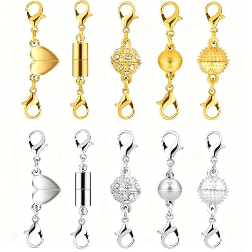 Yuiturt 10 Pcs Double Magnetic Necklace Clasps, Versatile Magnetic Fasteners with 5 Styles, Magnetic Clasps for Jewelry Necklaces, Bracelets, Anklets (Gold/Silver)
